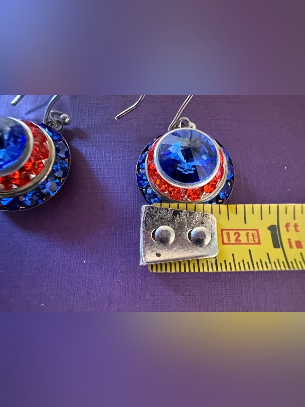 Anne Koplik Americana crystal halo dangle earrings with red and blue stones. - Picture 7 of 7